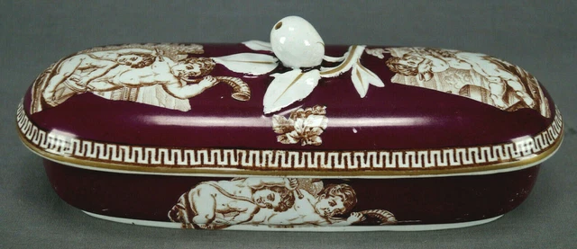 Furnivals Cherubs Maroon Ironstone Toothbrush / Razor Box Holder Circa 1871-1891