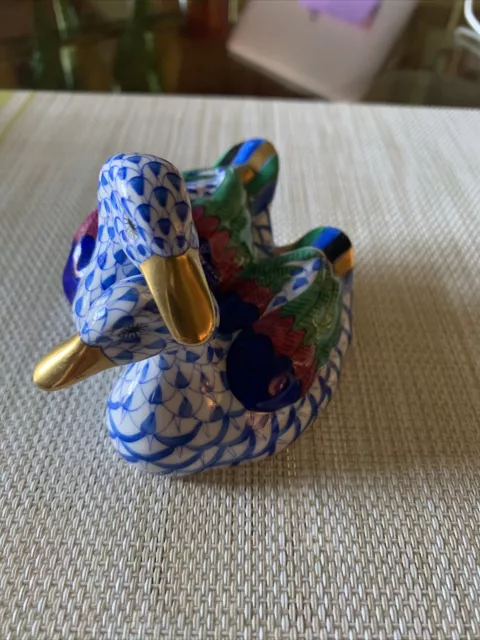 Herend of Hungary Blue Fishnet Pair of Ducks Medium Handpainted w Gold Accents