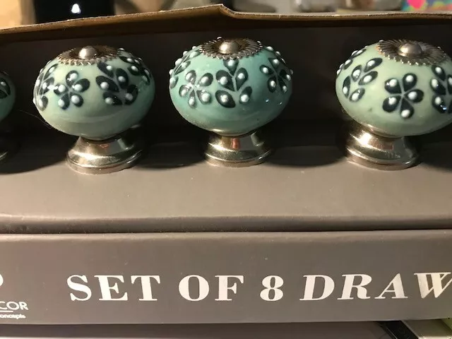 Ceramic Drawer Pulls Cabinet Knobs Set 8 Handmade Blue /Teal Silver - 1.5"  SALE