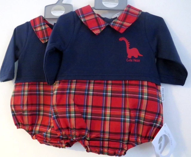 2 x Abito Nessie Romper Tartan Navy & Rosso Bambino Spagnolo Neonato