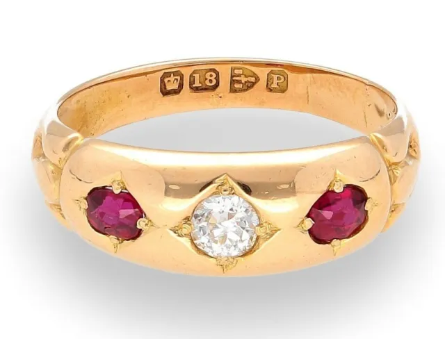18Carat Yellow Gold Ruby And Diamond Three Stone Ring (Size M) 6mm Widest
