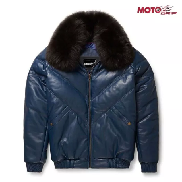 Men's V-Bomber Sheep Leather Faux Down Goose Bomber Jacket with Fox Fur Collar