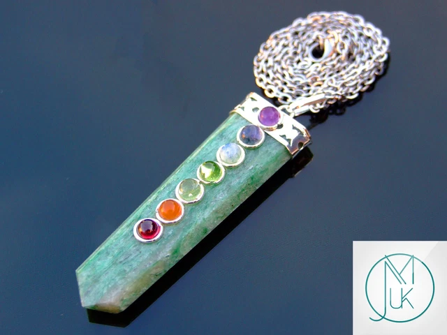 Green Jade 7 Chakra Flat Natural Gemstone Pendant Necklace 50cm Healing Stone