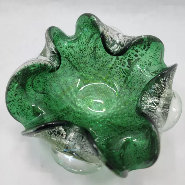 Murano/Venetian Vintage Silver Leaf Green Cased Glass Bowl or Ashtray