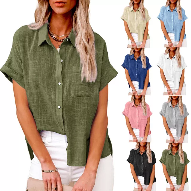 DONNA COTONE LINO Camicia con Bottoni Top Manica Corta Casual Sciolto Camicetta EUR 20 37 PicClick IT