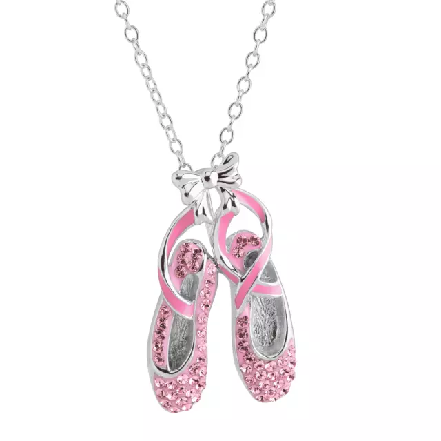 Crystaluxe Ballet Shoes Pendant with Pink Crystals in Sterling Silver, 16" + 2"