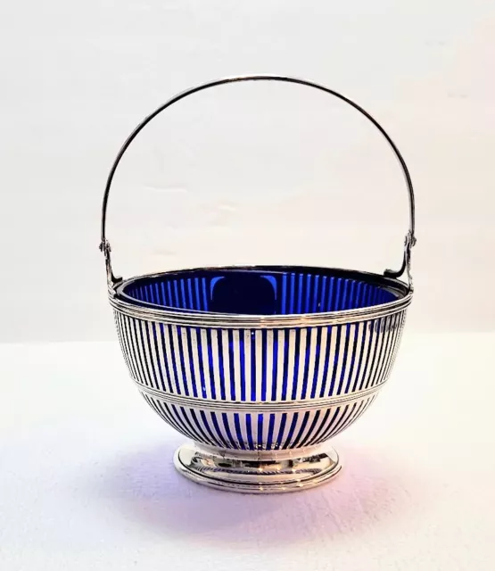 Bon Bon Sterling Silver Basket, Cobalt Blue Glass Liner, Reticulated Watson Co.