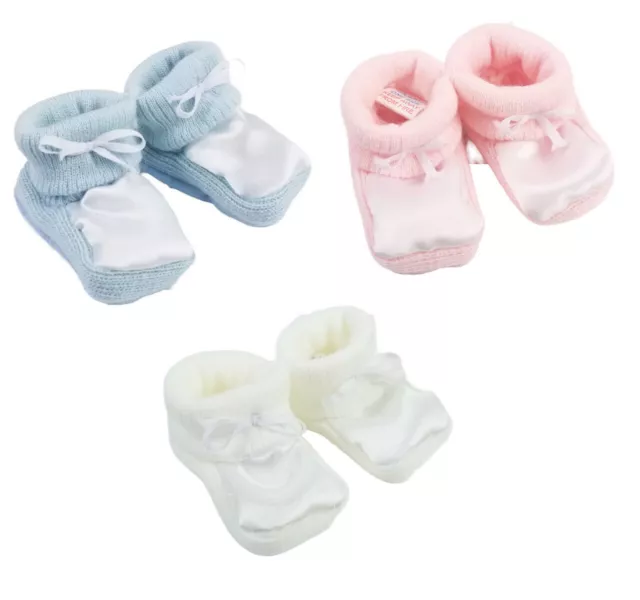 Baby Satin Booties Knitted Christening Blue Pink Bootees Boy Girl 0-3 Months