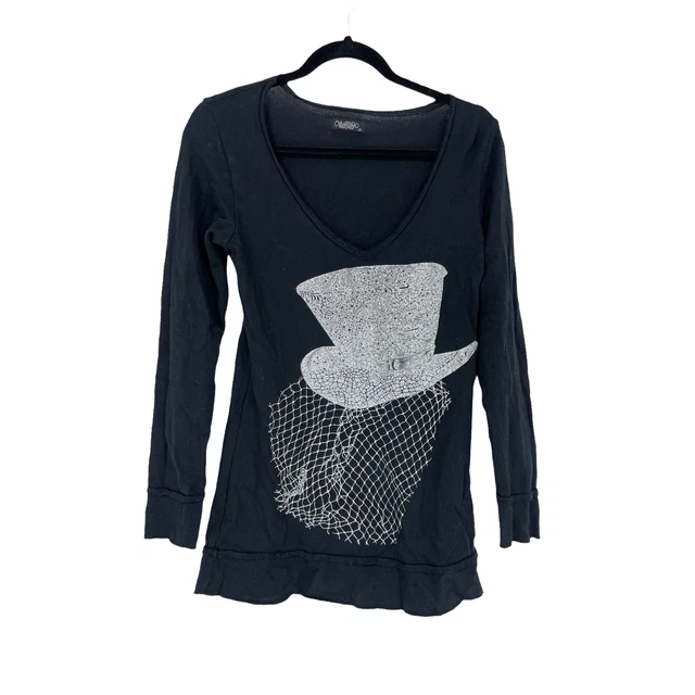 Lauren Moshi Womens Size Small Sweater Long Sleeve Pullover Black Graphic Hat