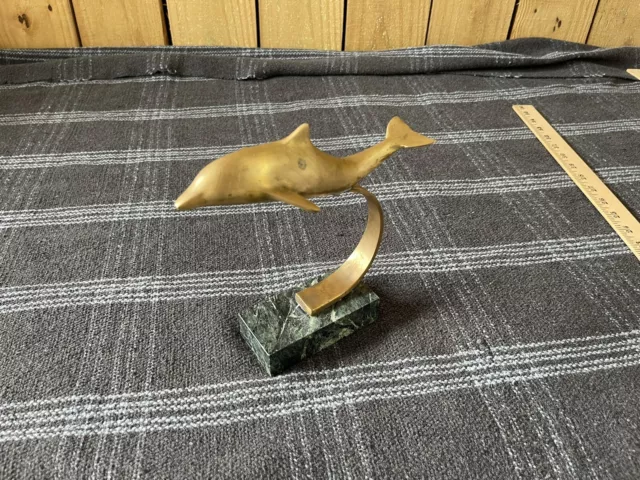 Vtg Cast Brass Dolphin Figurine on Green Marble Base Patina Ocean Beach Nautical