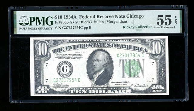DBR 1934-A $10 FRN Chicago Fr. 2006-G PMG 55 EPQ Serial G27317954C