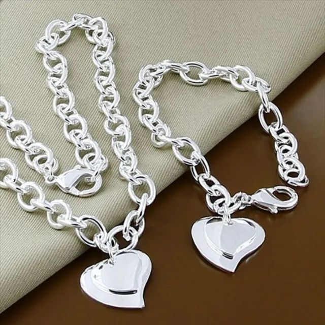 925 Sterling Silver Filled Double Heart Necklace Bracelet Women Jewelry Sets