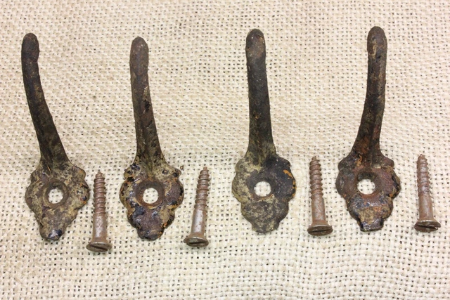 4 Old Single Coat Hooks School Farmhouse Rustic Paint Cast Iron  Vintage 1850’s 3