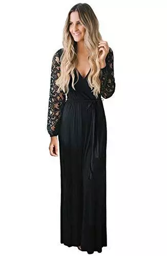Zattcas Womens Vintage Lace Long Sleeve Faux Wrap V Neck Dress Black XX-Large