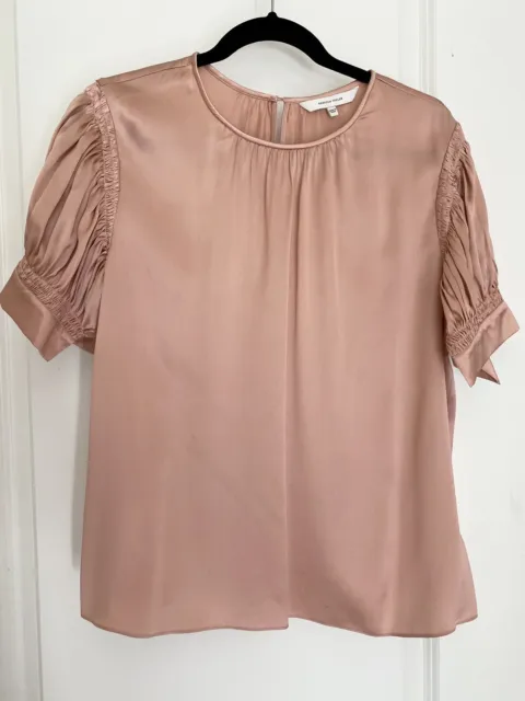 Rebecca Taylor Pleated Puff Sleeve Silk Top Women's Pink Solid Crew Neck XL