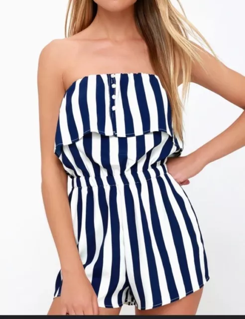 Lulu's Woodson Blue And White Striped Off-the-Shoulder Romper Size XL