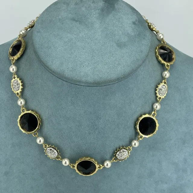 Vintage Rivoli Crystal Necklace Gold Plated Faux Pearl Black Scalloped Collar