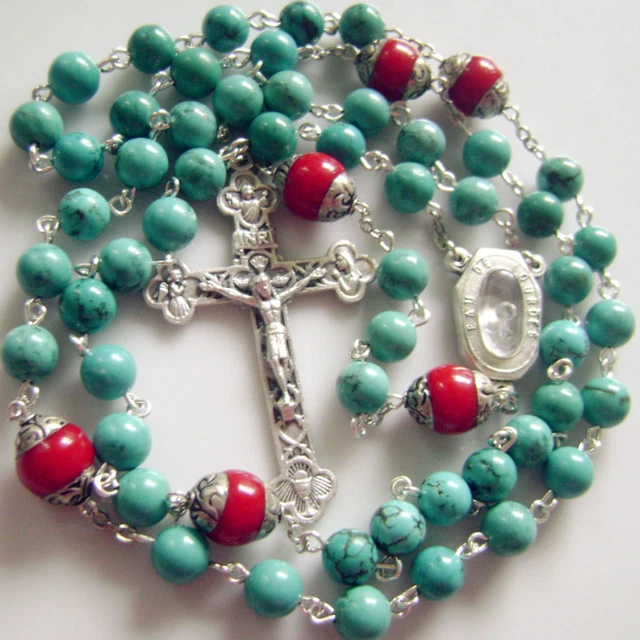 Natural Turquoise & Coral beads Lourdes Water Rosary Cross crucifix Necklace 3