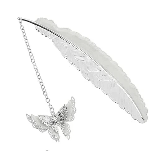 Metal Feather Bookmark, Luminous Bookmark with Butterfly Pendant (Silver)