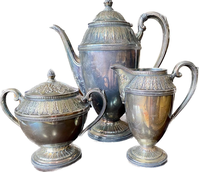 Marquise Pattern 3 Piece Coffee, Sugar & Creamer By 1847 Rogers Silver Plate