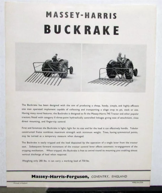 1950s Massey Harris Buckrake Specs Agricultural Data Sheet