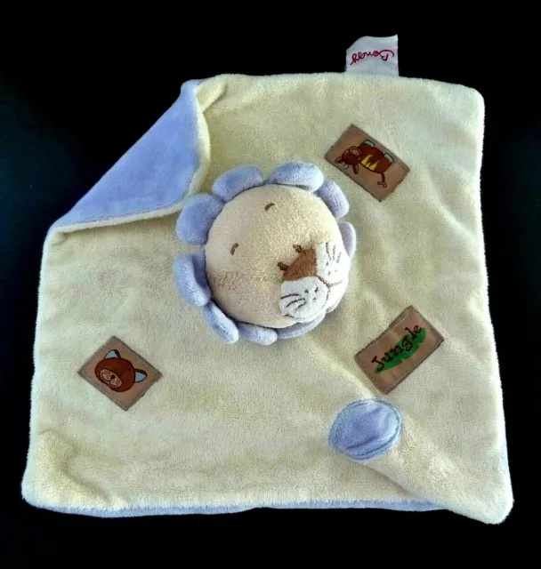 *. Doudou Plat Bengy Lion Jungle Jaune Creme Bleu Carre - Excellent Etat