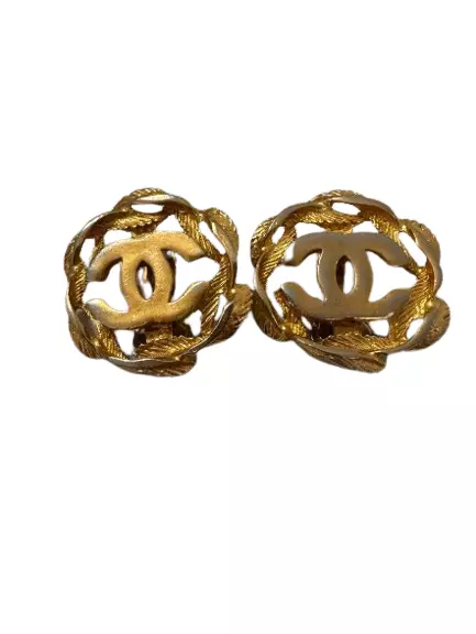 CHANEL Gold Plated CC Logos Round Vintage Clip Earrings JAPAN USED