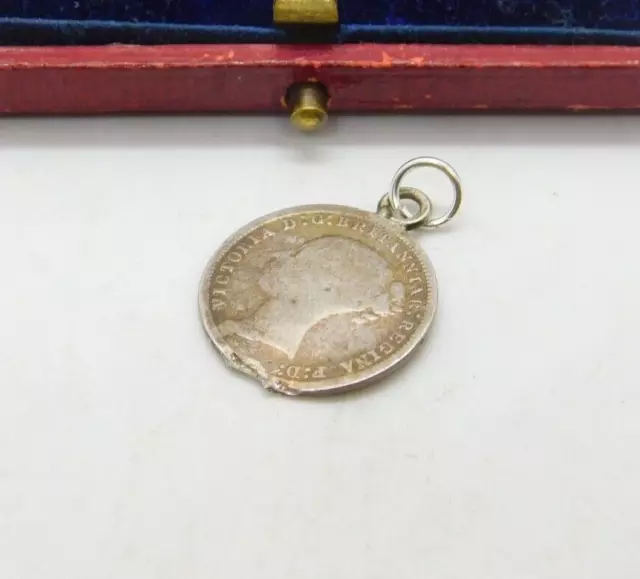 Sterling Silver Queen Victoria Threepence Coin Charm Pendant Vintage 1874