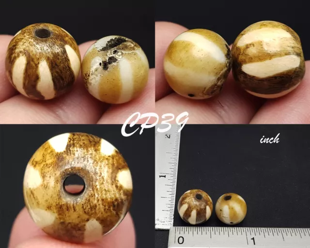 Lot 2 Vintage Burma Pumtek PYU Original Fossil Wood Lines Etched Beads #CP39