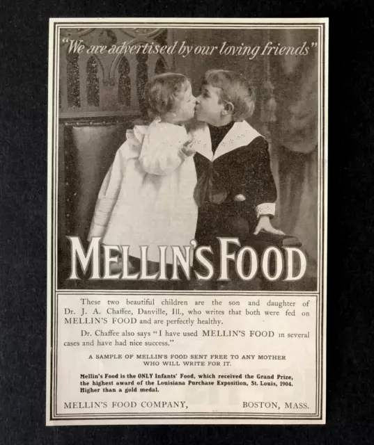 1905 Mellin’s Food Advertisement Kissing Child Siblings Photo Antique Print AD