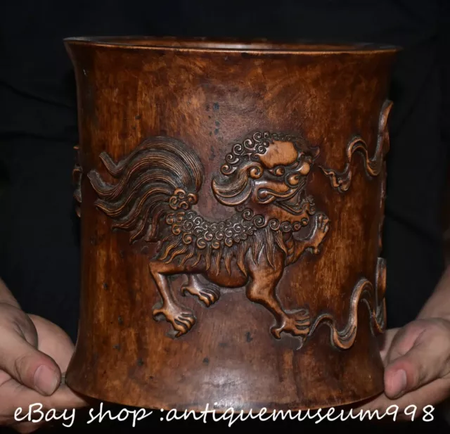 8.6" Old Chinese Huanghuali wood Carved Dynasty Lion Brush pot Pen container