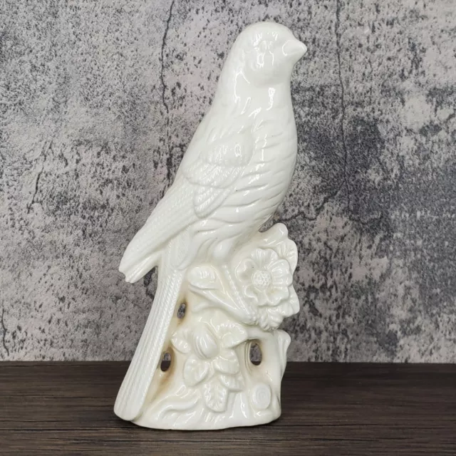 Adorable White Ceramic 7.5" Bluebird on Stump with Flowers Figurine