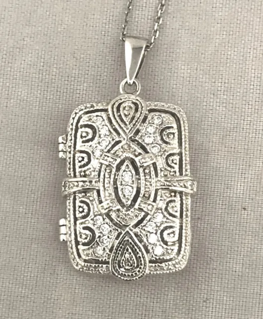 Art Deco Style Sterling Silver Filigree Locket Pendant Necklace w Cz