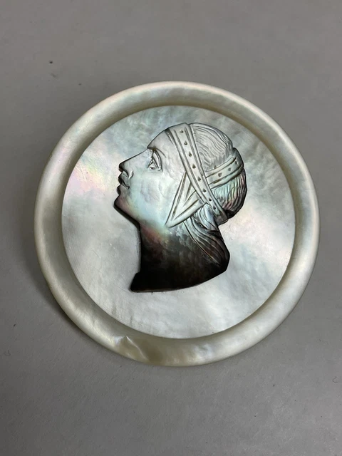 Grand Camée Ancien Sur Coquille - Profil Féminin, époque Vers 1900, 5cm, à Remonter