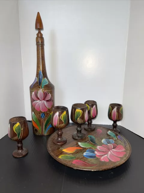 Vintage Hand Turned and Painted Wooden Bottle & Goblets w/ Tray Floral Folk Art