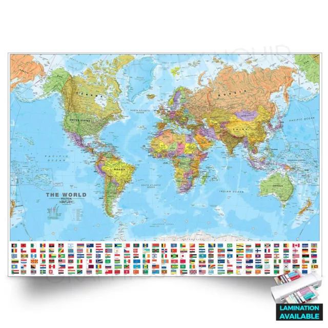 World Map Atlas With Flags Educational Wall Chart Poster Print A3 Laminated