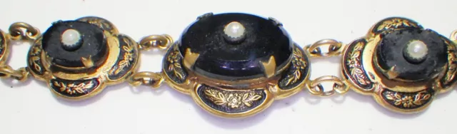 Ornate Antique Victorian Black Onyx & Pearl Brass Mourning Link Snap Bracelet 7" 3