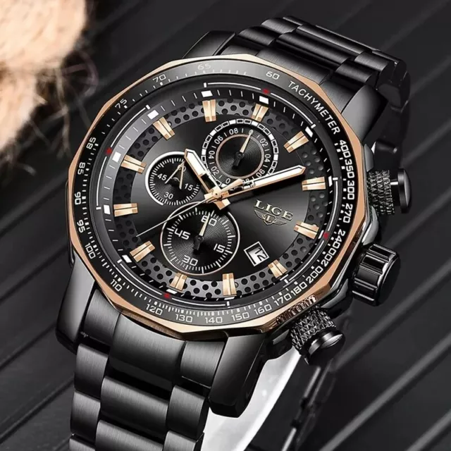 Montre Acier Cadran Noir 45 mm Résistante à l'eau avec Chronographe et jour