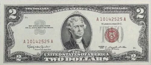 1963 TWO DOLLAR Bill Red Seal Bank Note $2 Jefferson ~ CRISP ~ About Unc ~ AU