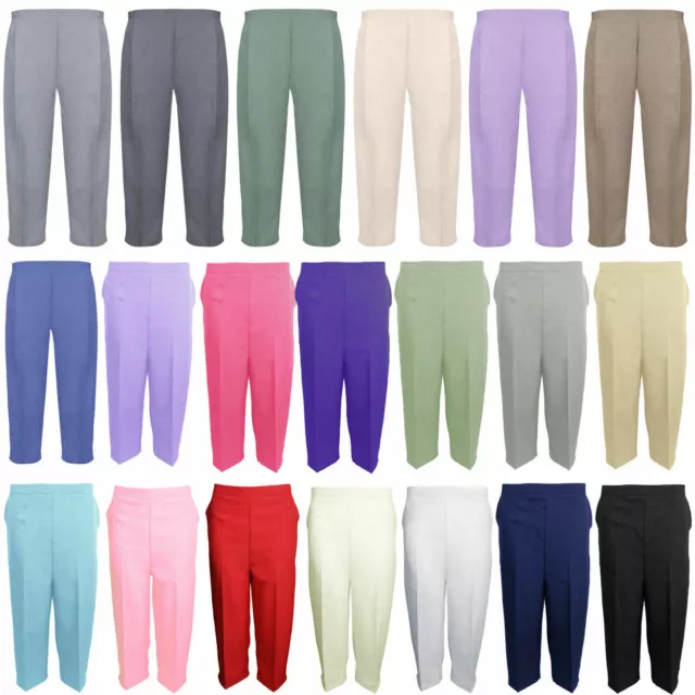 Ladies Cropped Trousers Womens 3/4 Three Quarter Elasticated Capri Crop Pants