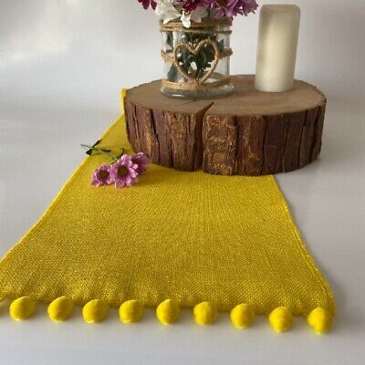 Lemon Yellow Handmade 100% Natural Hessian Table Runner with Pompoms 30 x 150cm