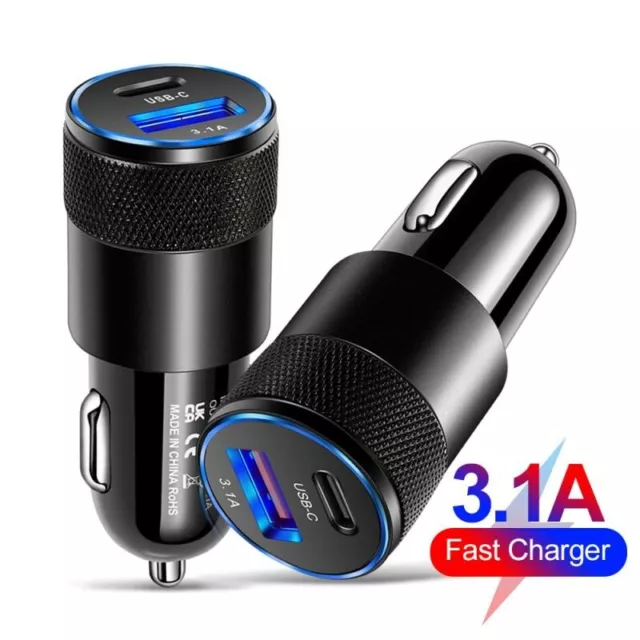 38W 2 Port Car Phone Charger Dual USB A C PD Metal 12V Cigarette iPhone Charging