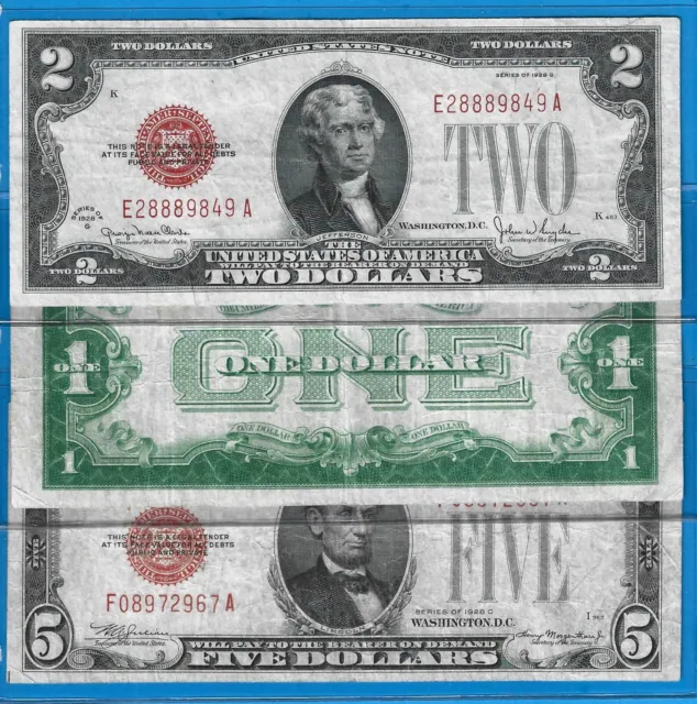 1928B/28G/28C ,$1 FB SC/$2 USN/$5 USN,3)Notes,Blue/Red Seal,Circ F/VF,Nice!
