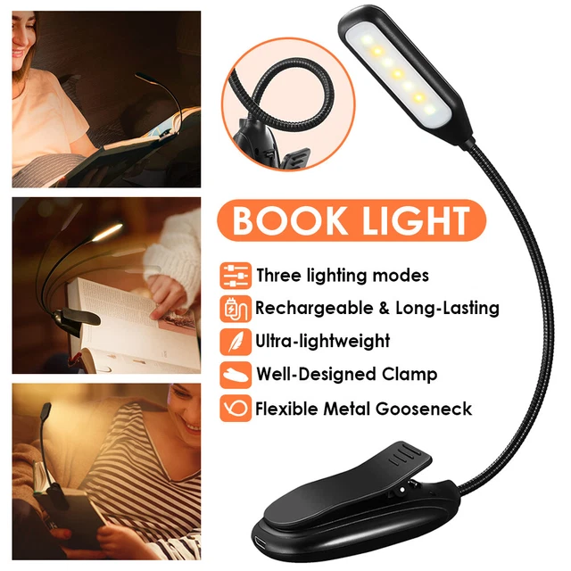 RECHARGEABLE BOOK LIGHT LED Clipon Reading Light 3 Color Temperature
