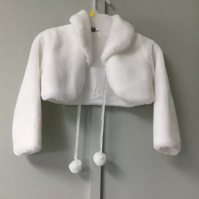 Elebaby Girls Bolero M Faux Fur Formal Shrug Coat Jacket  White Pom Pom Tie