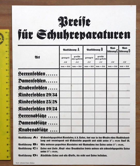Preisaushang für Schuhreparaturen auf Pappe, um 1935