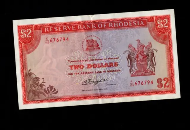 Reserve Bank Of Rhodesia 2 Dollars 1979 Banknote Very Fine/Ref D2