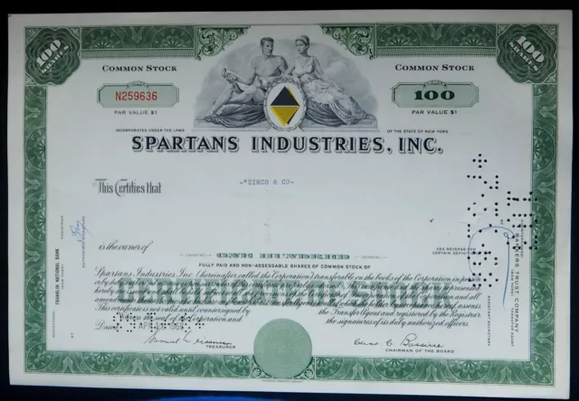 Usa Vintage 1968  Spartans Industries Inc  100 Common Stock Share Certificate