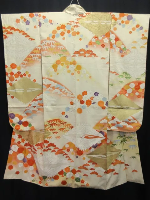 8064N5 Silk Vintage Japanese Kimono Furisode Crane Birds Tall