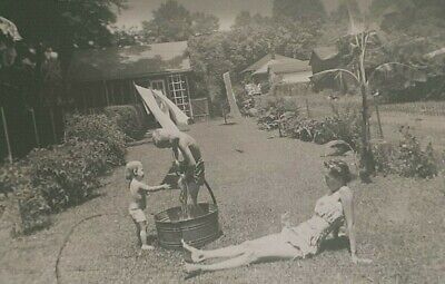 c1950's Outdoor Garden Family Fun Bikini Mom Home Vintage Photo